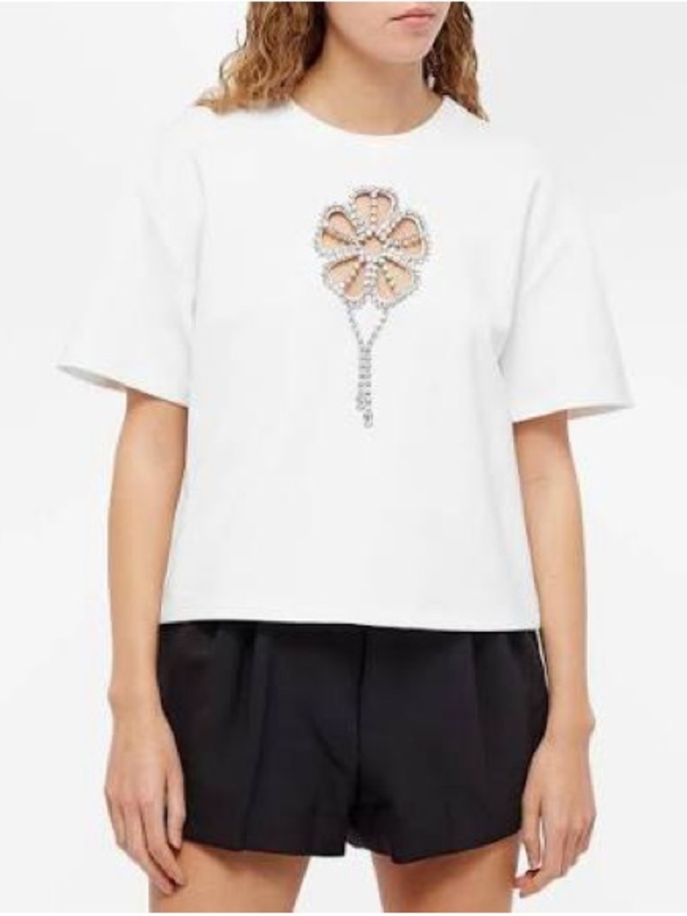 AREA White Short-Sleeve Tee with Blush Crystal Flower